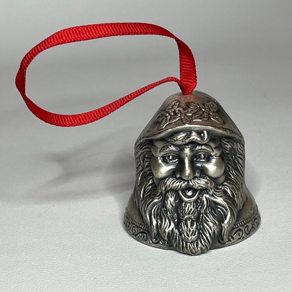 Santa Claus Pewter Bell Ornament With Red Ribbon